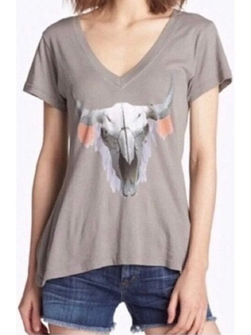 Wildfox Hippie V-Neck Skull Feathers Skeleton Short Sleeve A-Line Edgy T-Shirt S